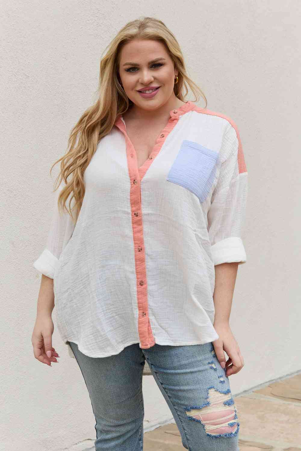 Full Size Color Block Woven Button Down Top - Ivory / S - Camis & Tops - Shirts & Tops - 1 - 2024