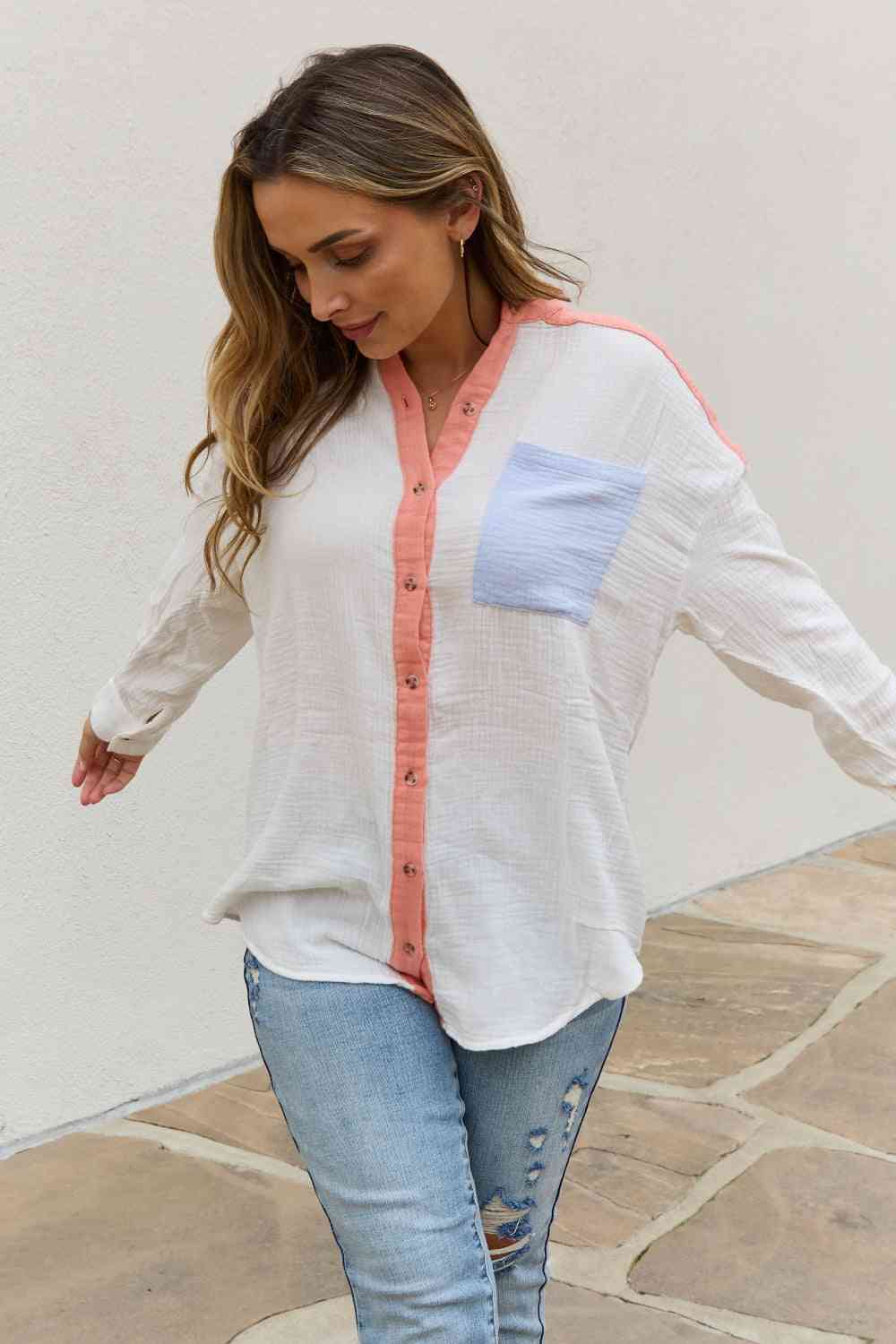 Full Size Color Block Woven Button Down Top - Camis & Tops - Shirts & Tops - 8 - 2024