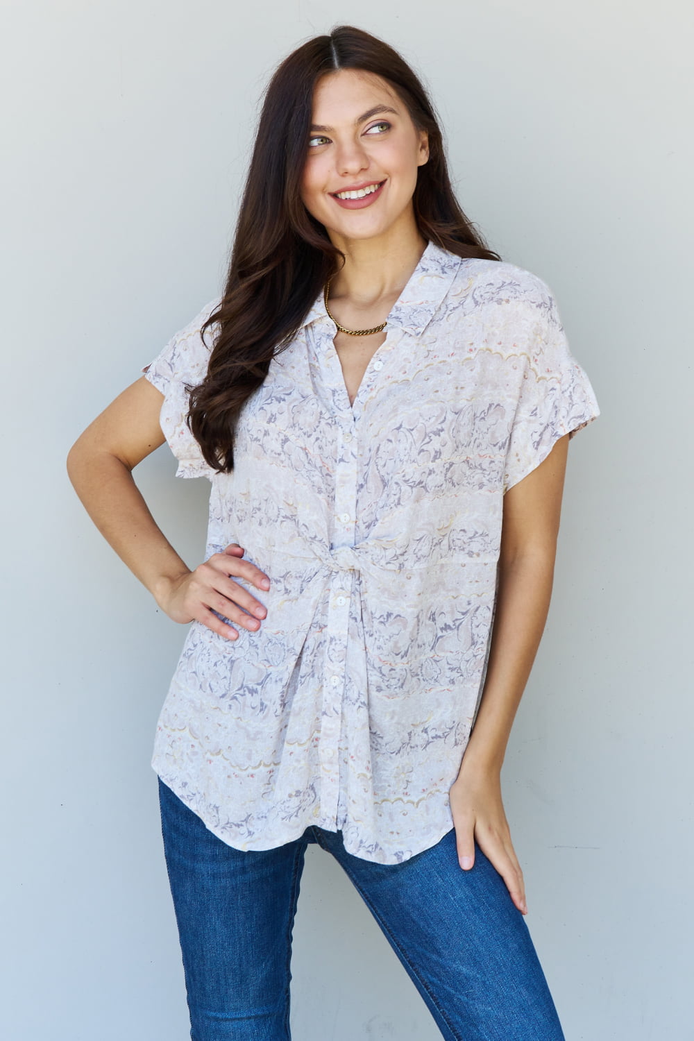 Full Size Floral Paisley Print Twist Tunic Top - Gray / S - Camis & Tops - Shirts & Tops - 1 - 2024