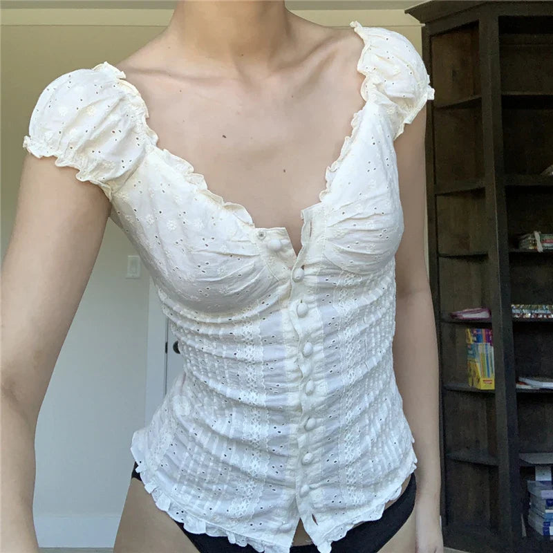 Kawaii White Corset Top - Lace Trim V Neck - Blouses & Shirts - Shirts & Tops - 2 - 2024