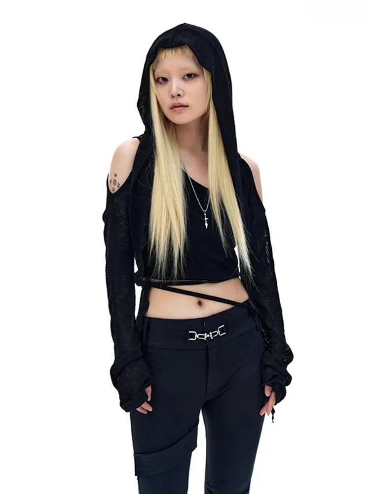 Modern Mystic Hooded Top – Edgy Cutout Sleeves Pullover - Black / M - Camis & Tops - Clothing Tops - 4 - 2024