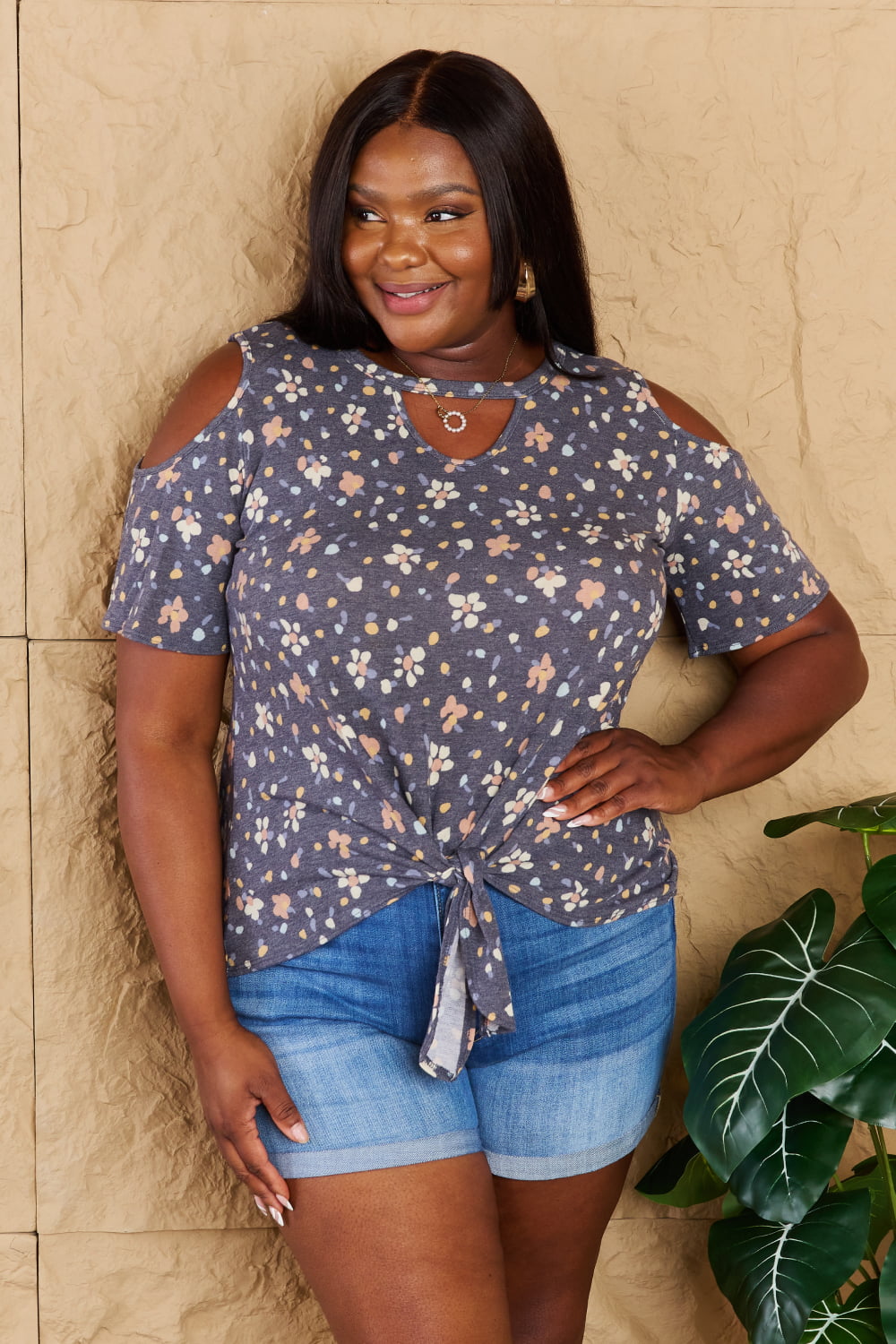 On My Own Full Size Cold Shoulder Keyhole Floral Print Top - Blue / S - Camis & Tops - Shirts & Tops - 1 - 2024