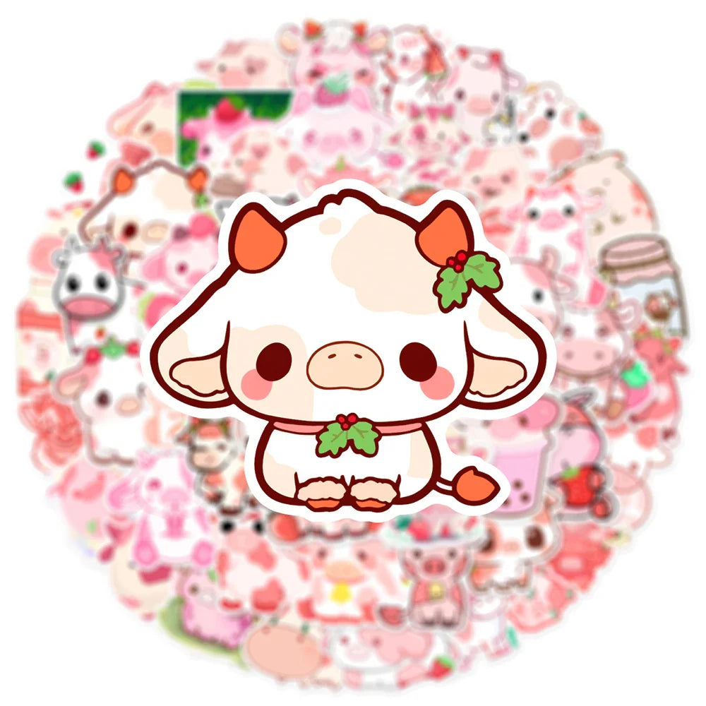 Pink Cow Cartoon Graffiti Stickers - DIY Decoration for Laptop & Backpack - 10pcs Random - Women Bags & Wallets