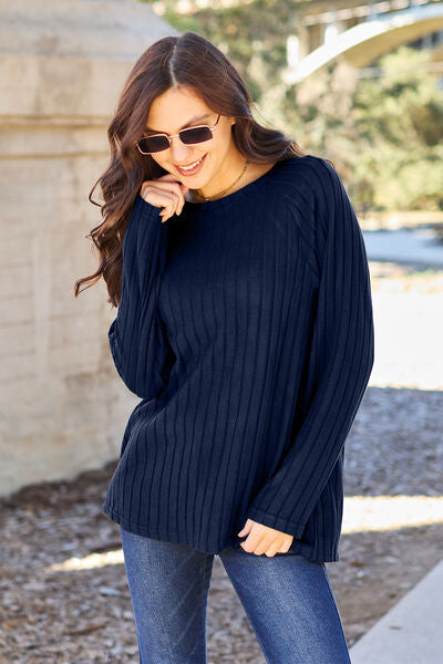 Ribbed Round Neck Long Sleeve Knit Top - Peacock Blue / S - Camis & Tops - Shirts & Tops - 4 - 2024