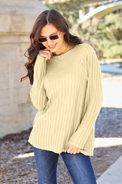 Ribbed Round Neck Long Sleeve Knit Top - Pastel Yellow / S - Camis & Tops - Shirts & Tops - 10 - 2024