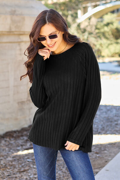 Ribbed Round Neck Long Sleeve Knit Top - Black / S - Camis & Tops - Shirts & Tops - 13 - 2024