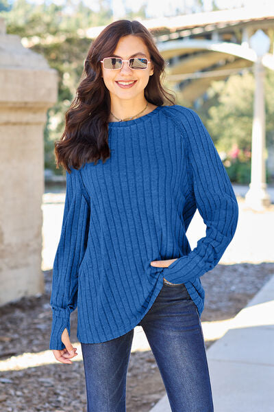 Ribbed Round Neck Long Sleeve Knit Top - Royal Blue / S - Camis & Tops - Shirts & Tops - 1 - 2024