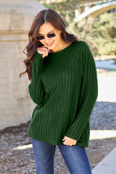 Ribbed Round Neck Long Sleeve Knit Top - Green / S - Camis & Tops - Shirts & Tops - 7 - 2024