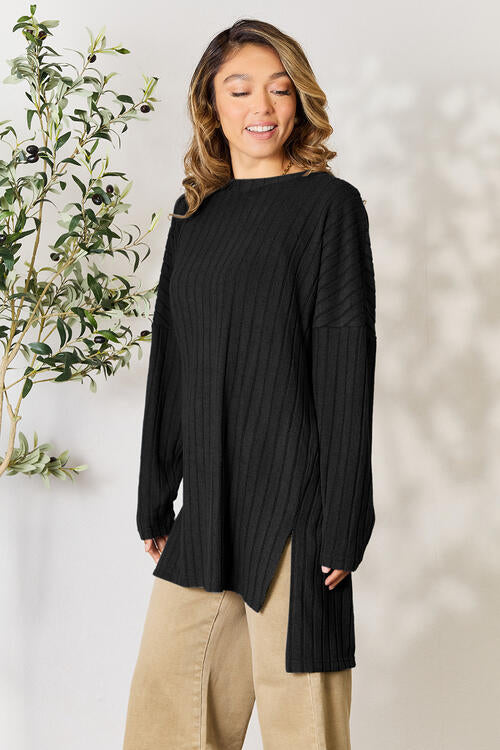 Ribbed Round Neck Long Sleeve Slit Top - Camis & Tops - Shirts & Tops - 19 - 2024