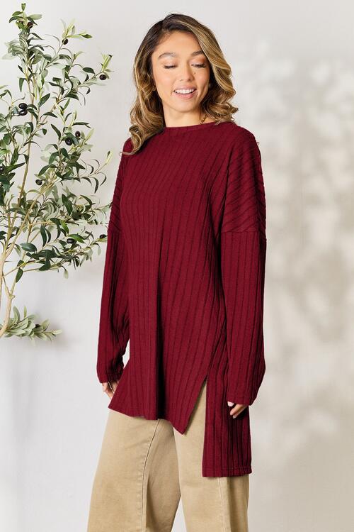 Ribbed Round Neck Long Sleeve Slit Top - Camis & Tops - Shirts & Tops - 5 - 2024