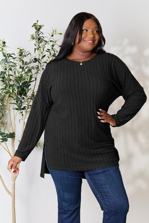 Ribbed Round Neck Long Sleeve Slit Top - Black / S - Tops - Shirts & Tops - 15 - 2024