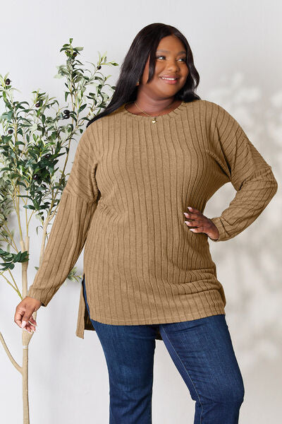 Ribbed Round Neck Long Sleeve Slit Top - Tan / S - Camis & Tops - Shirts & Tops - 27 - 2024