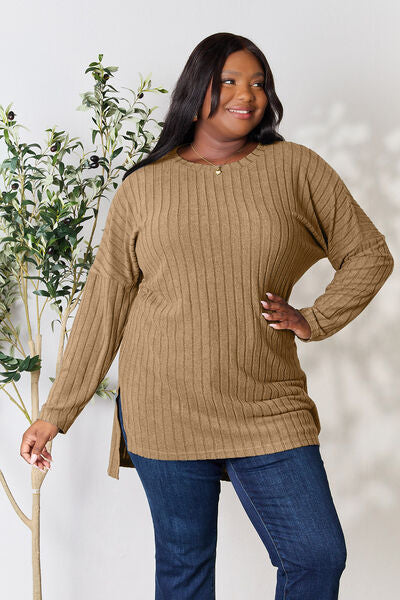 Ribbed Round Neck Long Sleeve Slit Top - Tan / S - Tops - Shirts & Tops - 27 - 2024