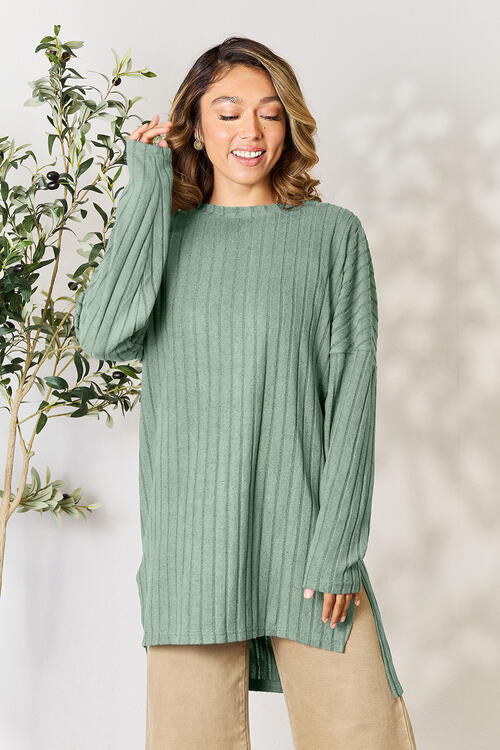 Ribbed Round Neck Long Sleeve Slit Top - Camis & Tops - Shirts & Tops - 24 - 2024