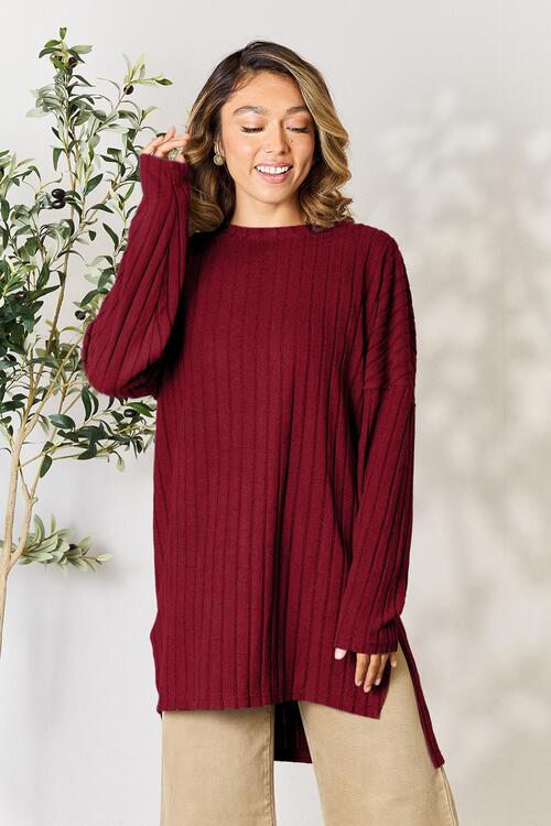 Ribbed Round Neck Long Sleeve Slit Top - Camis & Tops - Shirts & Tops - 31 - 2024