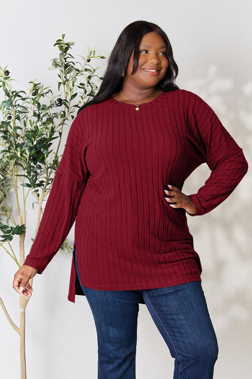 Ribbed Round Neck Long Sleeve Slit Top - Wine / S - Camis & Tops - Shirts & Tops - 4 - 2024