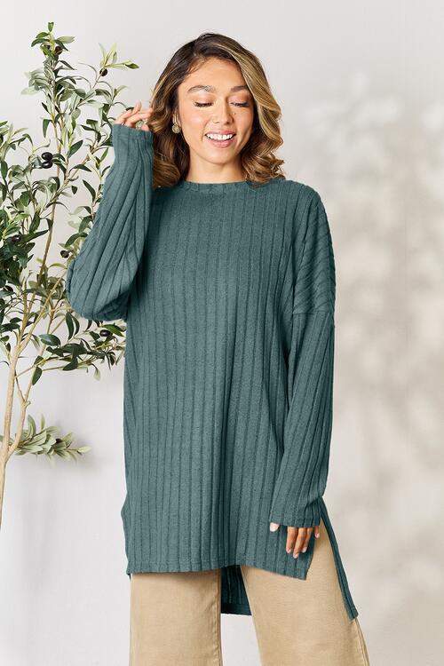 Ribbed Round Neck Long Sleeve Slit Top - Camis & Tops - Shirts & Tops - 11 - 2024