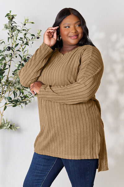 Ribbed Round Neck Long Sleeve Slit Top - Camis & Tops - Shirts & Tops - 28 - 2024