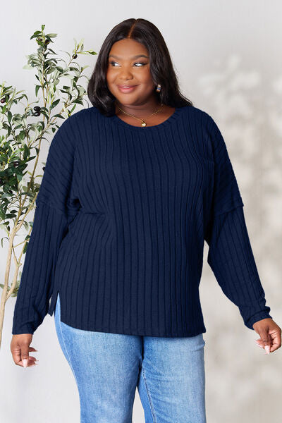 Ribbed Round Neck Slit Knit Top - Navy / S - Camis & Tops - Shirts & Tops - 15 - 2024