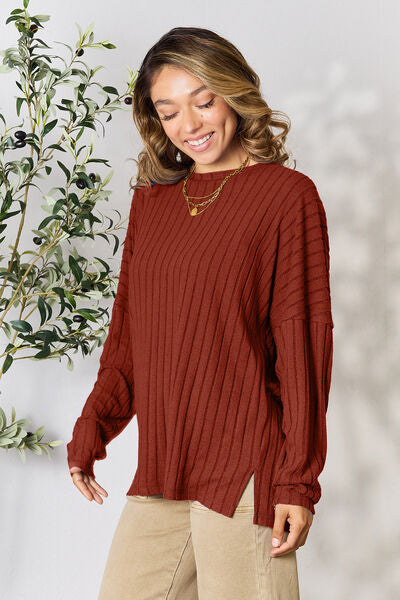 Ribbed Round Neck Slit Knit Top - Tops - Shirts & Tops - 20 - 2024