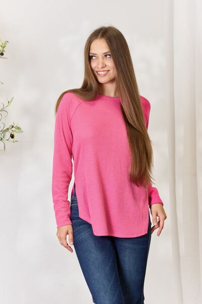 Round Neck Long Sleeve Slit Top - Fuchsia / S - Camis & Tops - Shirts & Tops - 1 - 2024