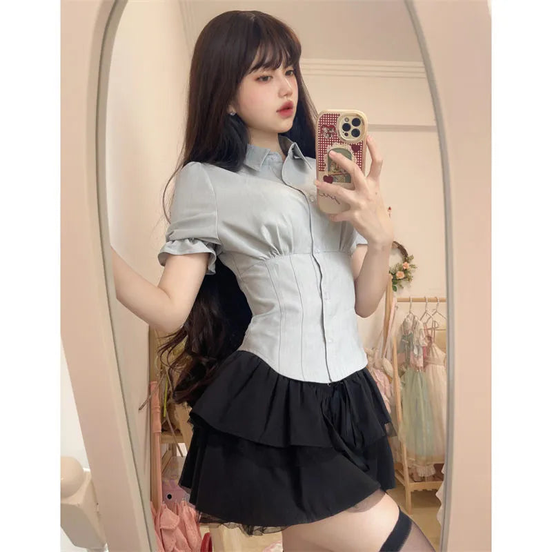 Sexy White Korean Fashion Blouse - Harajuku Chic Slim Top - only gray blouse / S - Blouses & Shirts - Shirts & Tops - 9