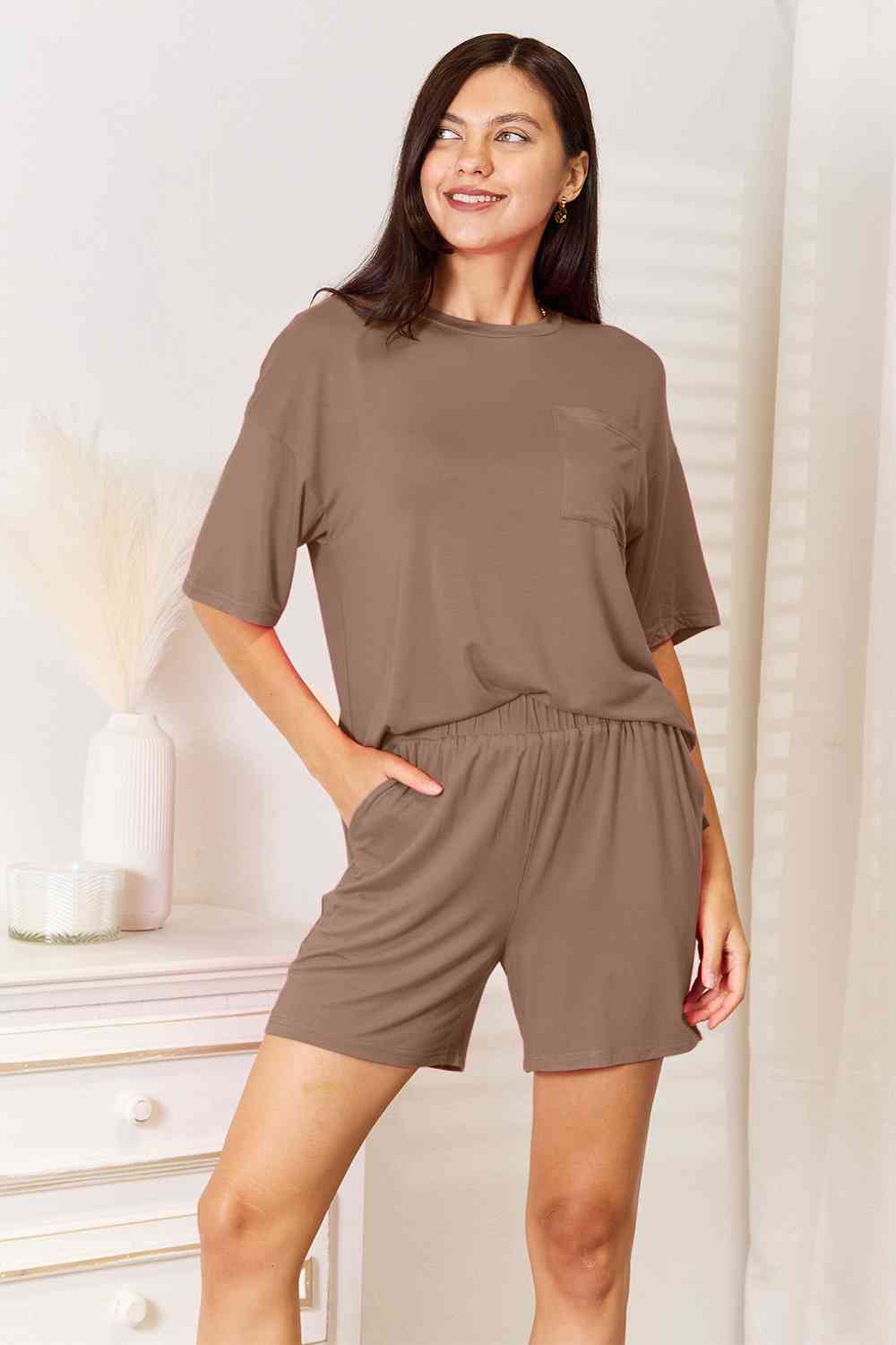 Soft Rayon Half Sleeve Top and Shorts Set - Taupe / S - Camis & Tops - Outfit Sets - 13 - 2024