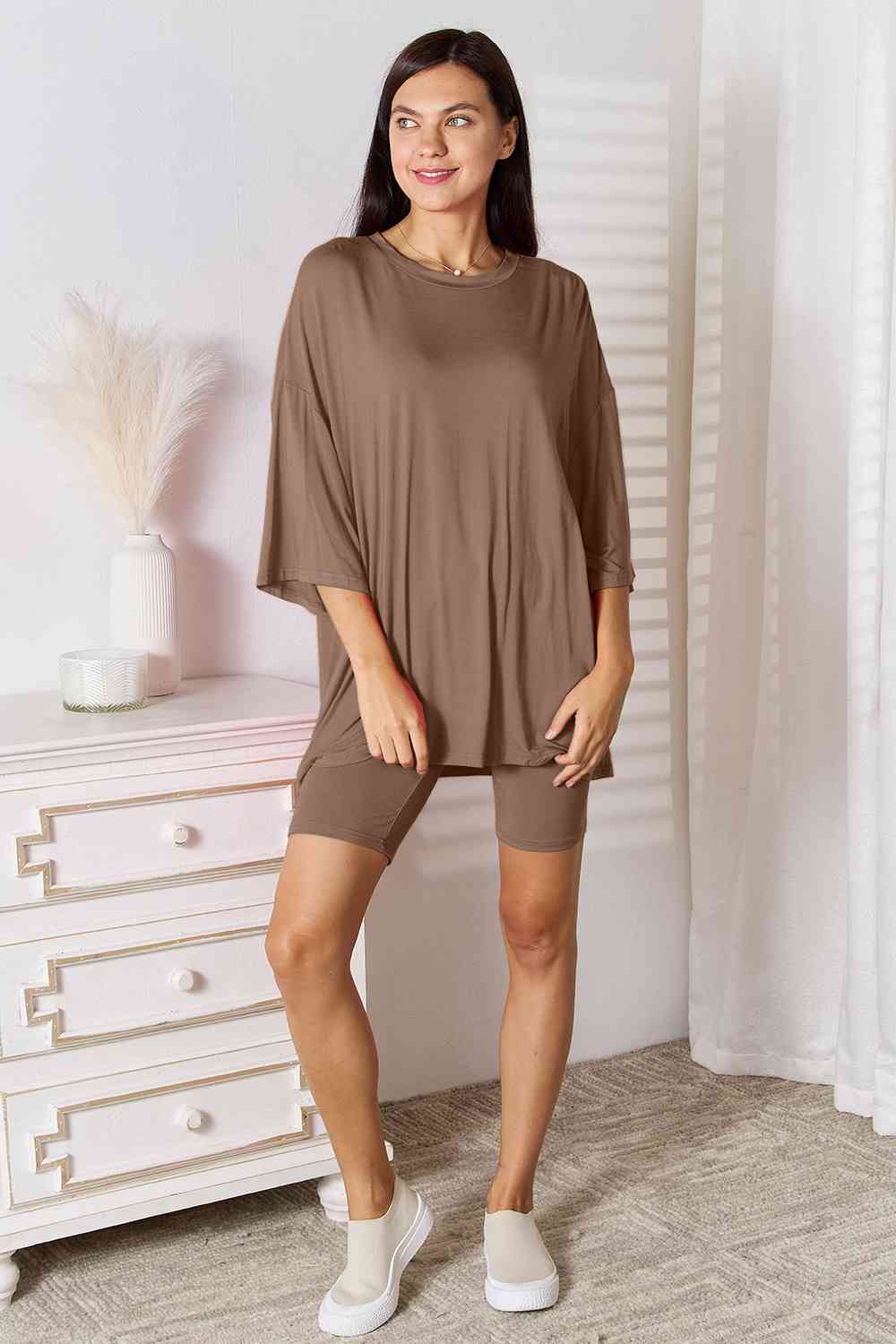 Soft Rayon Three-Quarter Sleeve Top and Shorts Set - Taupe / S - Camis & Tops - Outfit Sets - 1 - 2024