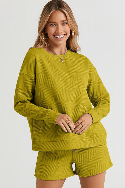 Texture Long Sleeve Top and Drawstring Shorts Set - Chartreuse / S - Camis & Tops - Outfit Sets - 22 - 2024