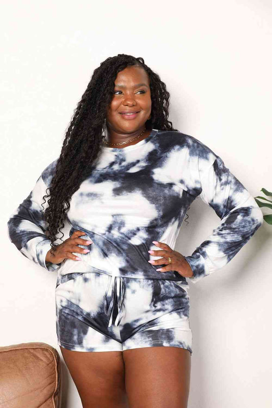 Tie-Dye Round Neck Top and Shorts Lounge Set - Charcoal / S - Tops - Loungewear - 1 - 2024