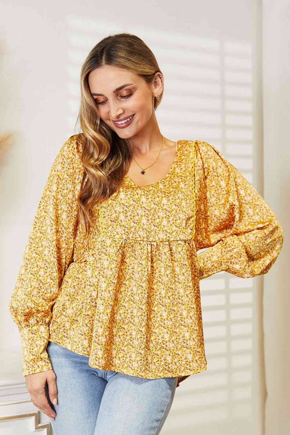 V-Neck Floral Satin Top - Mustard / S - Camis & Tops - Shirts & Tops - 1 - 2024