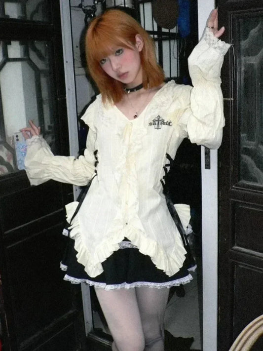Vintage Lace Blouse - Aesthetic Harajuku Fairycore Top - Camis & Tops - Shirts & Tops - 1 - 2024