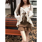 Retro Slim Camisole Dress & Ruffle Knit Cardigan - All Dresses - Clothing Sets - 1