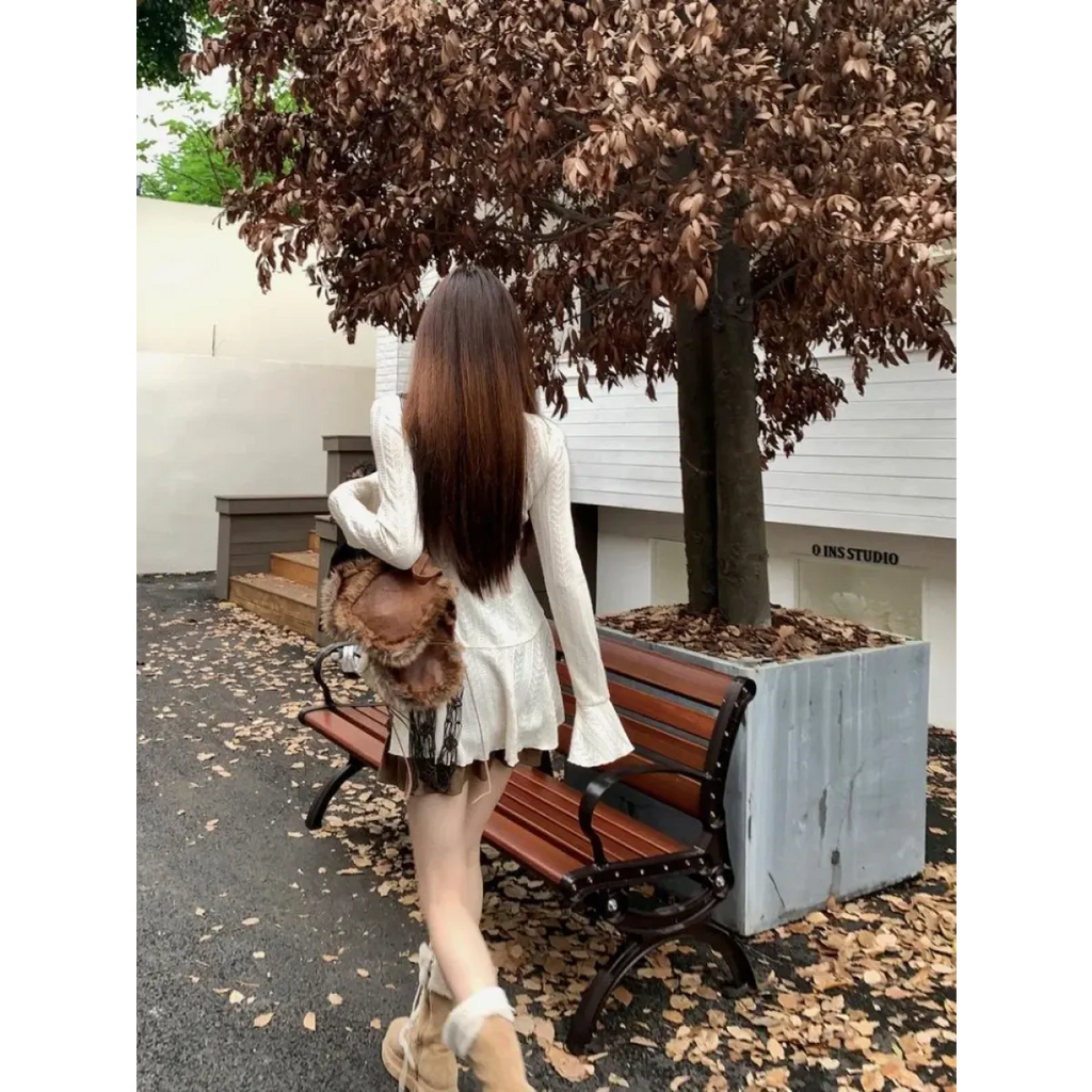 Retro Slim Camisole Dress & Ruffle Knit Cardigan - All Dresses - Clothing Sets - 3