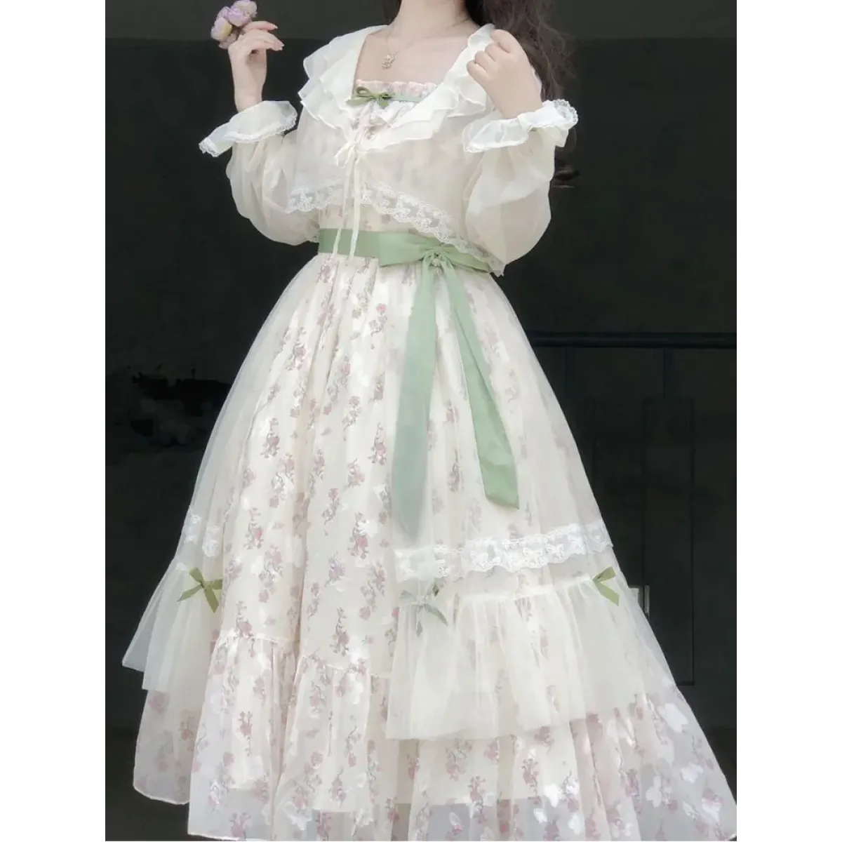 Floral Bow Camisole Dress & Sheer Lace-Up Jacket Set - All Dresses - Sets / Co-ords - 1