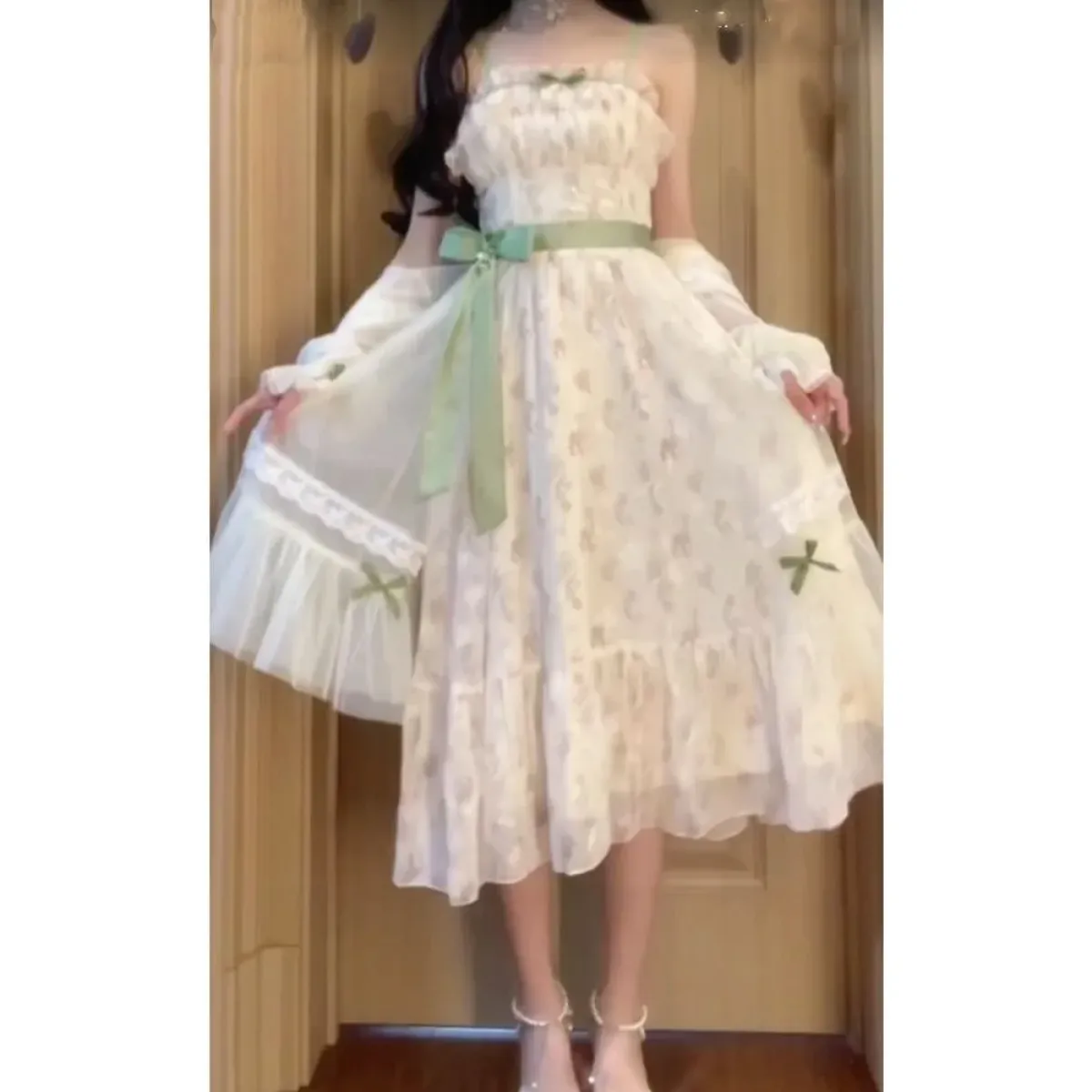 Floral Bow Camisole Dress & Sheer Lace-Up Jacket Set - All Dresses - Sets / Co-ords - 5