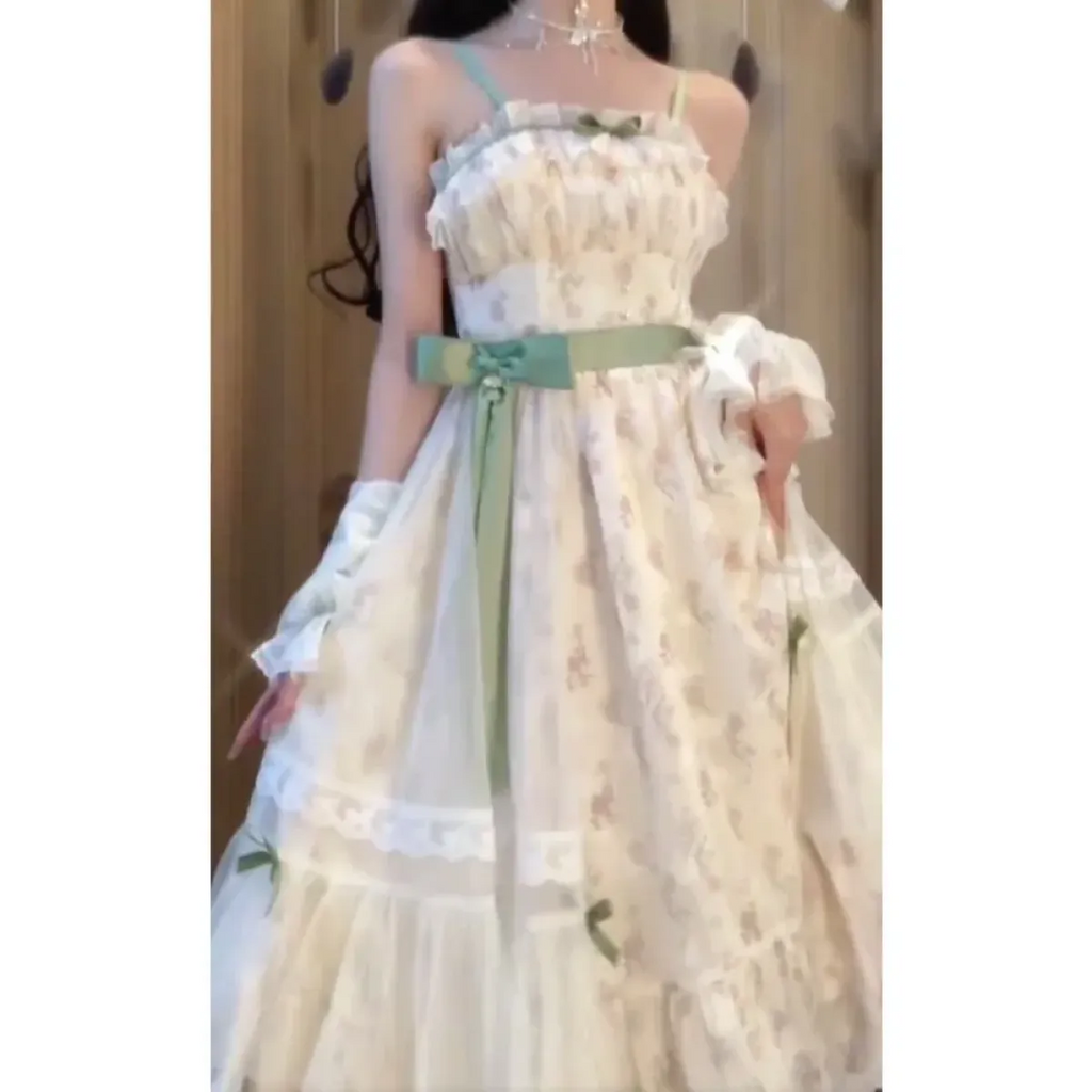 Floral Bow Camisole Dress & Sheer Lace-Up Jacket Set - All Dresses - Sets / Co-ords - 6