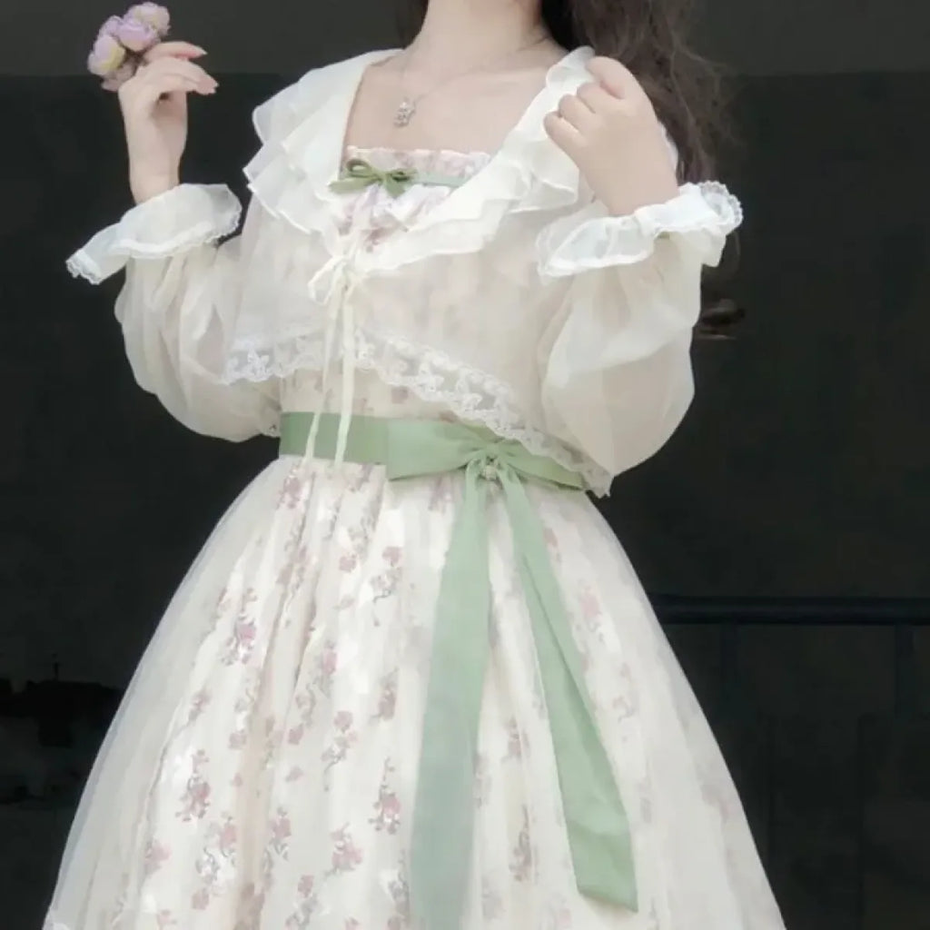 Floral Bow Camisole Dress & Sheer Lace-Up Jacket Set - All Dresses - Sets / Co-ords - 8