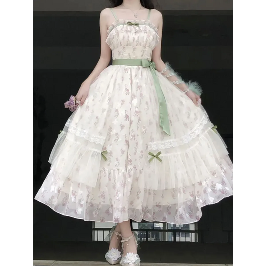 Floral Bow Camisole Dress & Sheer Lace-Up Jacket Set - All Dresses - Sets / Co-ords - 2