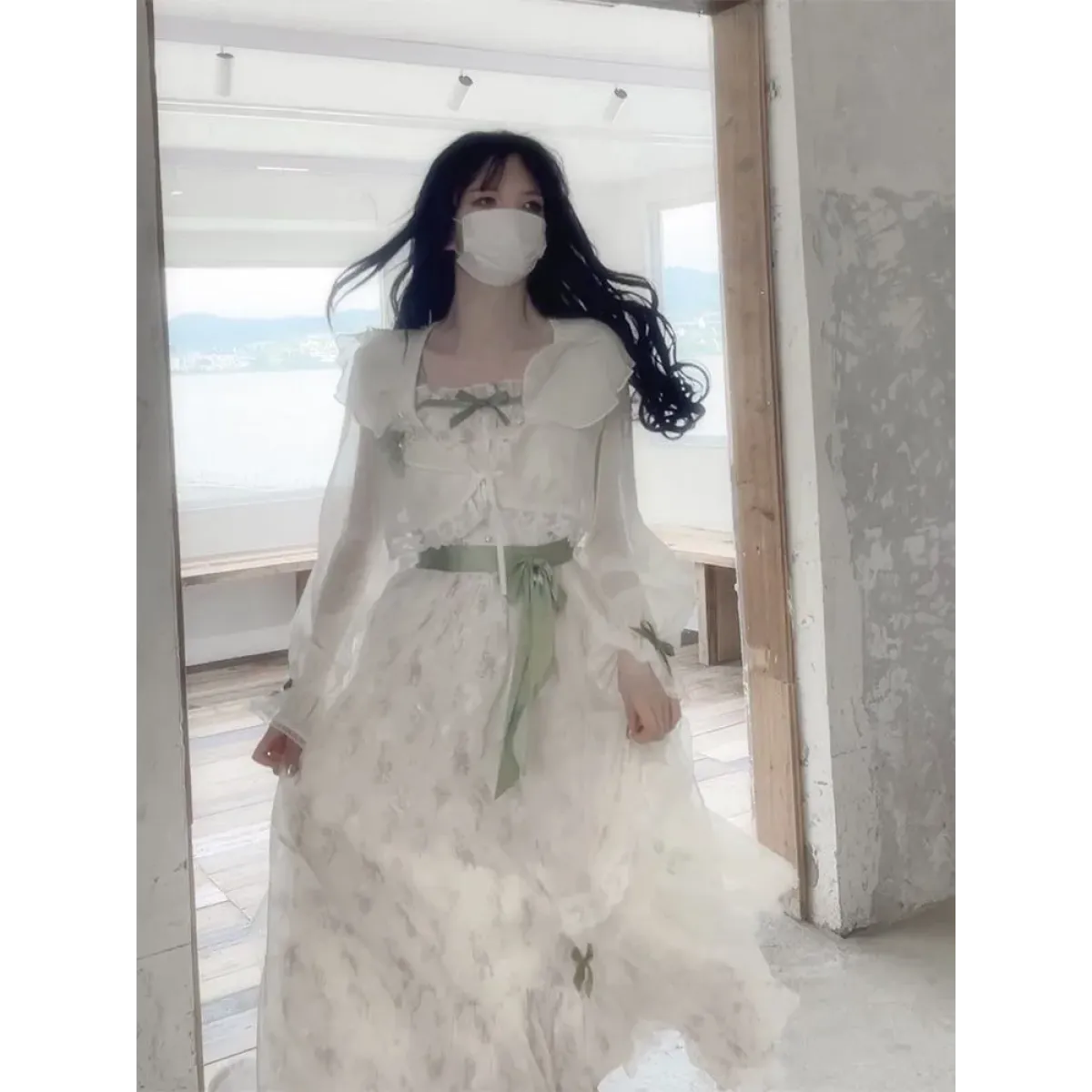 Floral Bow Camisole Dress & Sheer Lace-Up Jacket Set - All Dresses - Sets / Co-ords - 4