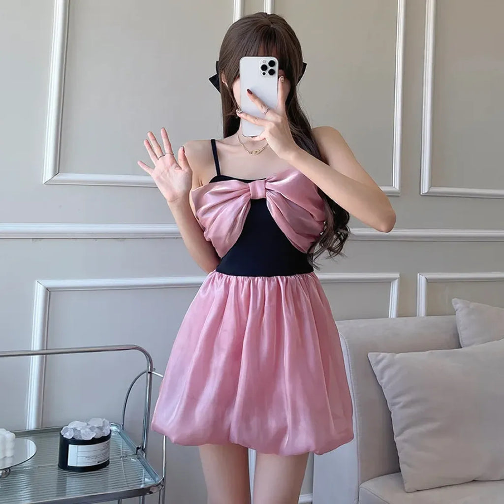 Bow Patchwork Korean Swimsuit – Sweet Padded One Piece - Dresses - Spaghetti strap - Swimwear - 2