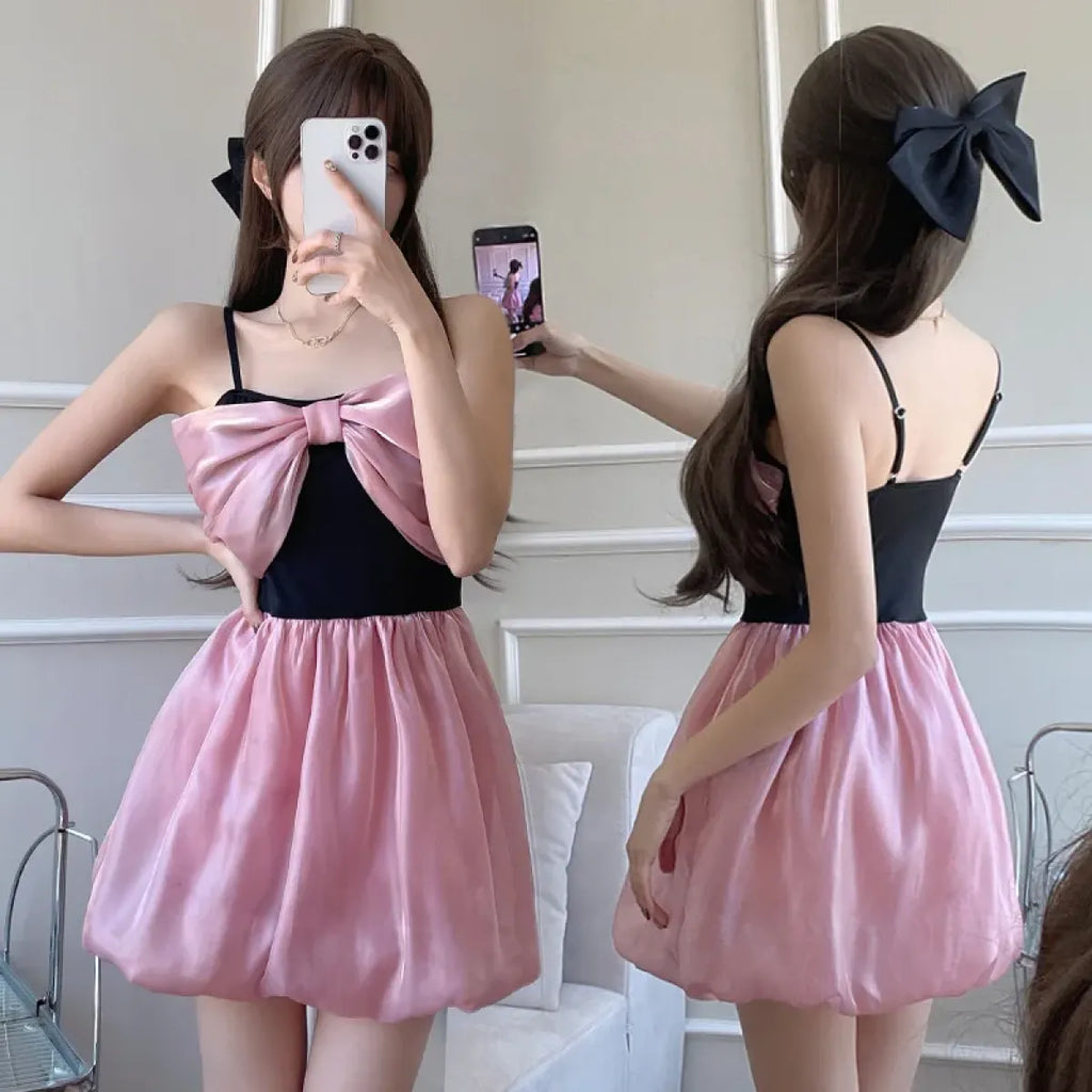 Bow Patchwork Korean Swimsuit – Sweet Padded One Piece - Dresses - Spaghetti strap - Swimwear - 3