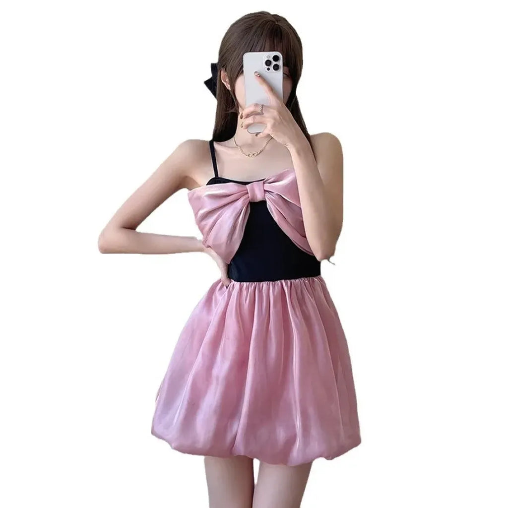 Bow Patchwork Korean Swimsuit – Sweet Padded One Piece - Dresses - Spaghetti strap - Swimwear - 4
