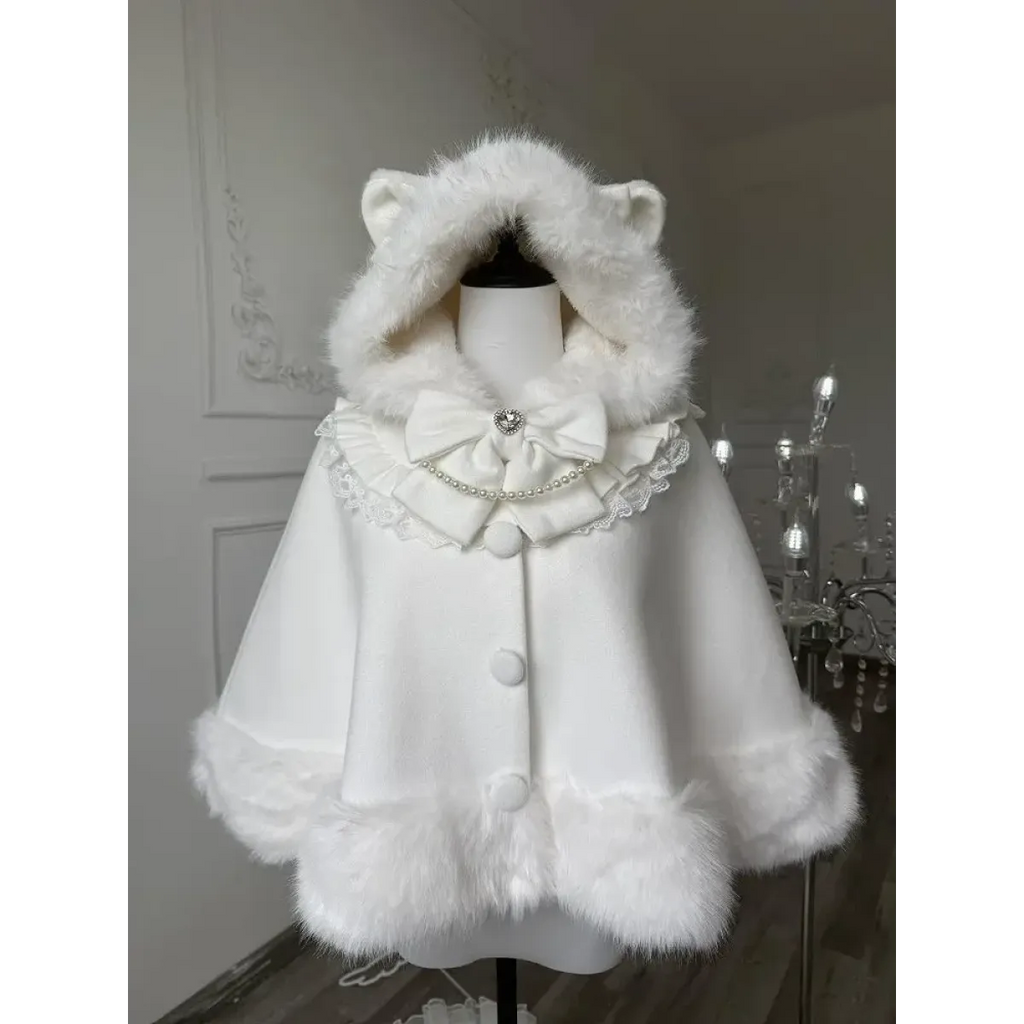 Winter Lolita Fur-Trimmed Bow Cape Coat - Women’s Clothing & Accessories - Coat - 1