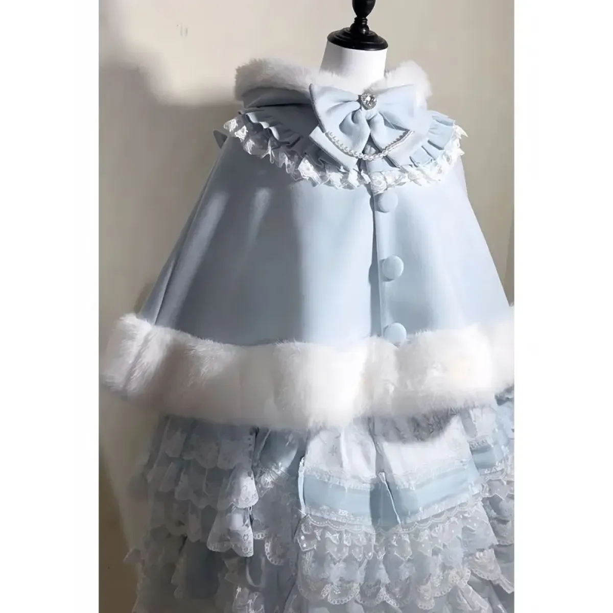 Winter Lolita Fur-Trimmed Bow Cape Coat - Women’s Clothing & Accessories - Coat - 3