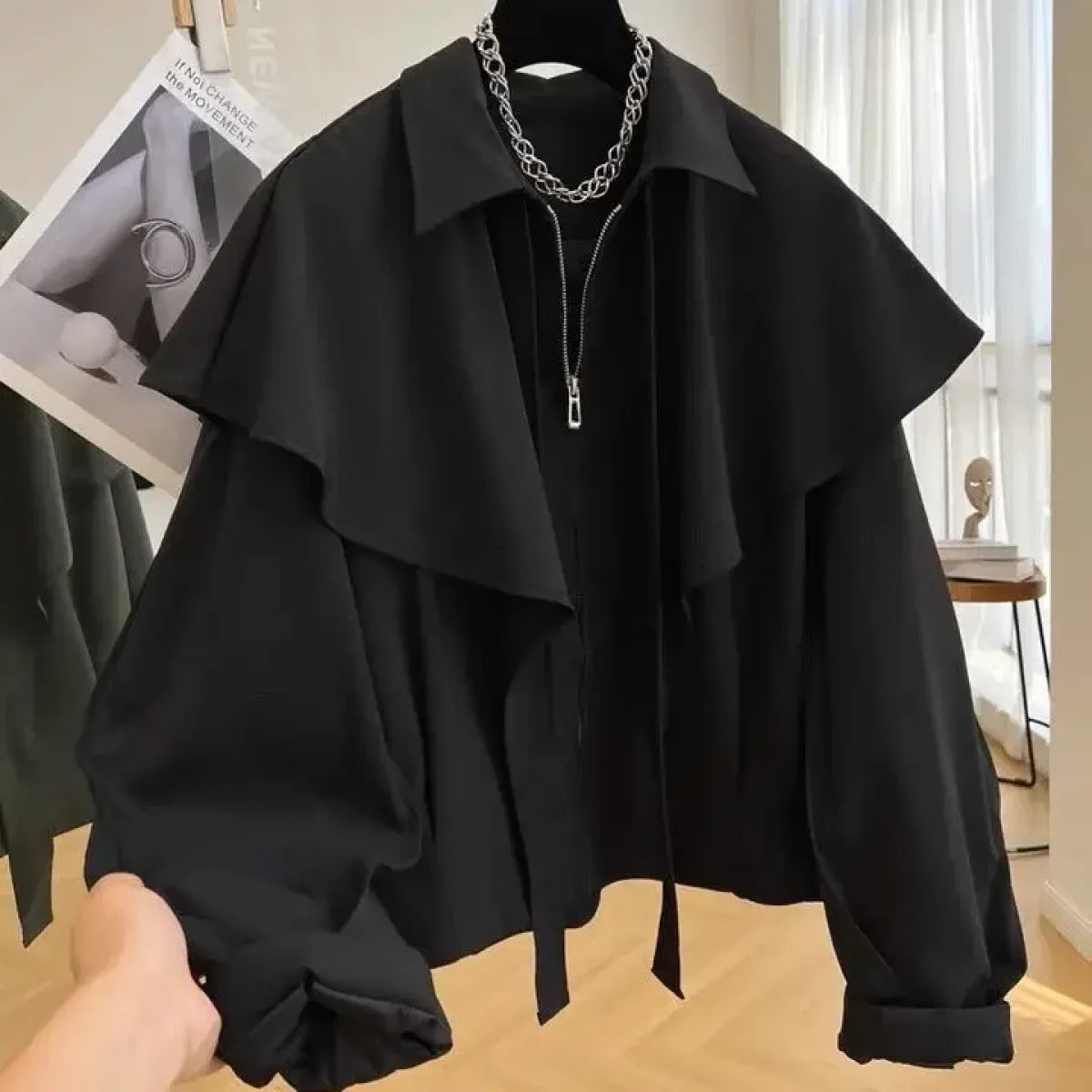 Korean Cloak-Style Cape Jacket with Ruffle Layers - Jackets & Coats - Jacket - 1