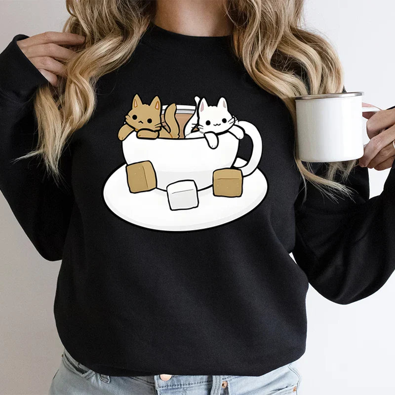 Cartoon Tea Cats Sweatshirt – Trendy Gift for Cat Lovers - T-Shirts - Sweatshirts - 2 - 2024