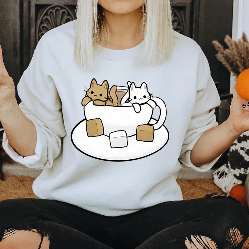 Cartoon Tea Cats Sweatshirt – Trendy Gift for Cat Lovers - T-Shirts - Sweatshirts - 3 - 2024