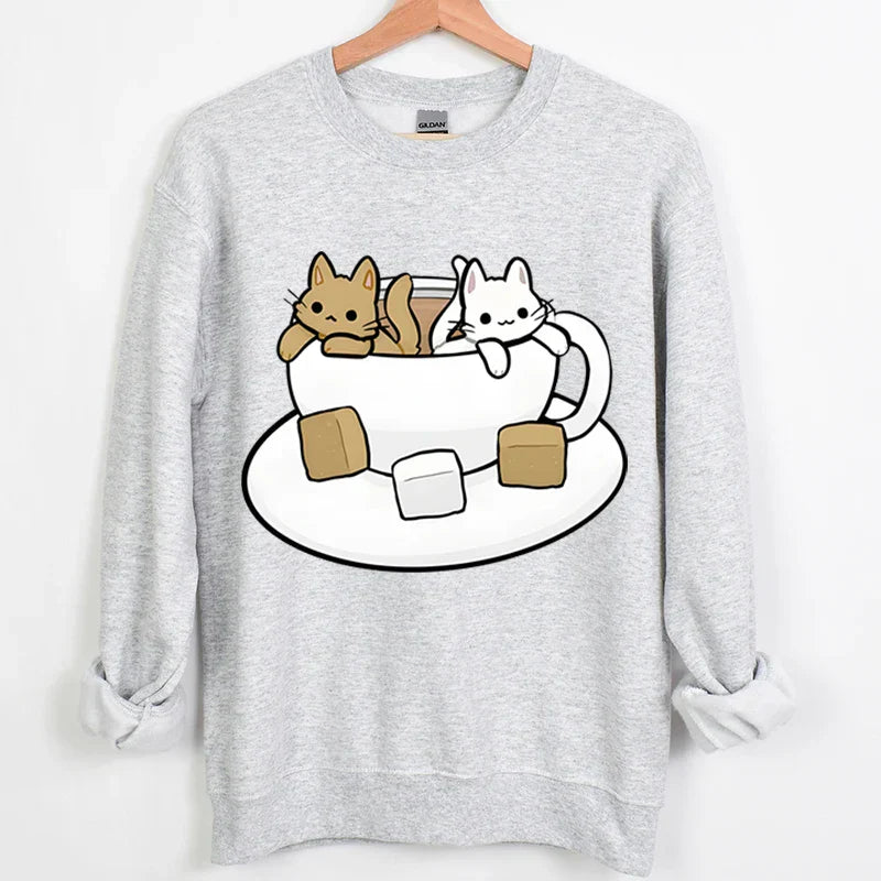 Cartoon Tea Cats Sweatshirt – Trendy Gift for Cat Lovers - Gray / XXL - T-Shirts - Sweatshirts - 9 - 2024