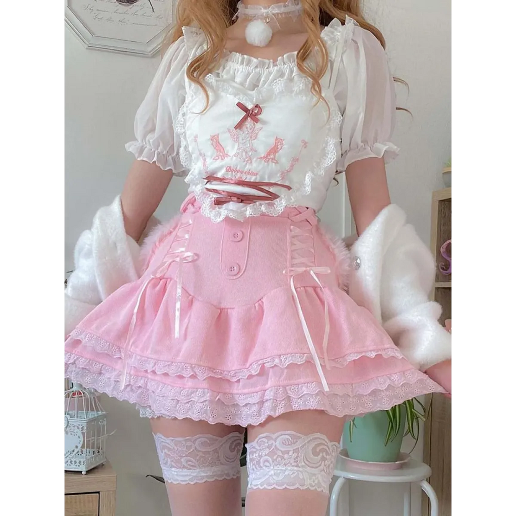 Pink Skirt With Cascading Ruffles - Pink / M - Bottoms - Clothing - 6 - 2024